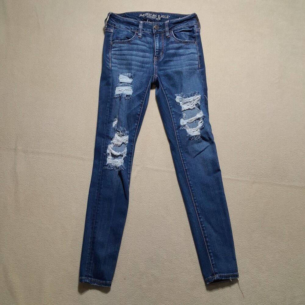 American Eagle Jeans Women 2 Blue Hi Rise Jegging Skinny Denim Stretch Ripped